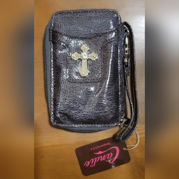Candie Handbags - Elegant Black Wristlet with Silver Cross